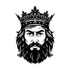 A striking black and white illustration of a king's face wearing an ornate crown, featuring a full beard and intense eyes.
