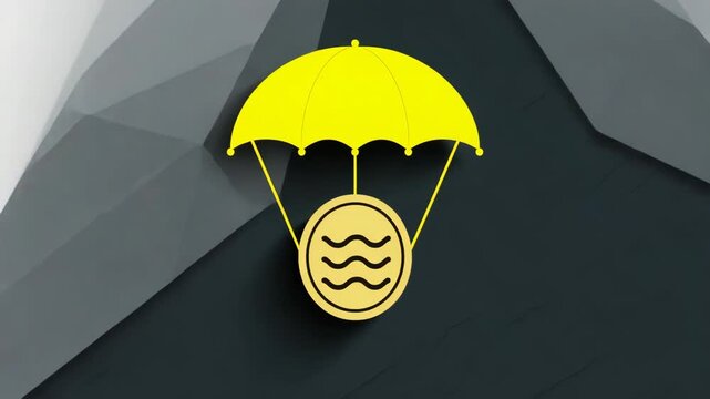 Golden Coin with Wave Symbol Descending on Yellow Parachute and Umbrella