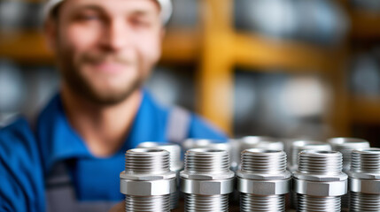 Steel fittings for hydraulic hoses with faceless industrial worker in warehouse in manufacturing factory banner, connection components, production facility inventory, defocused emp