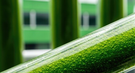 Close-up focus on a test tube filled with vibrant green liquid, possibly algae or a scientific mixture. Additional tubes blur in the background, suggesting laboratory work and research