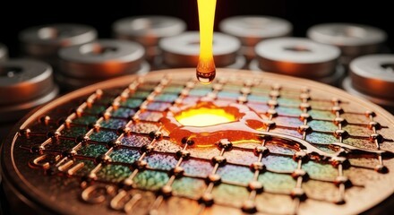 Fototapeta premium A close-up of a semiconductor wafer being processed with a liquid droplet. The wafer is metallic with a grid of micro-squares. Focused droplet with light and dark contrast. Back background blurred