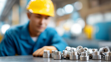 Steel fittings for hydraulic hoses with faceless industrial worker in warehouse in manufacturing factory banner, connection components, production facility inventory, defocused emp