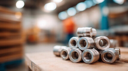 Steel fittings for hydraulic hoses with faceless industrial worker in warehouse in manufacturing factory banner, connection components, production facility inventory, defocused emp