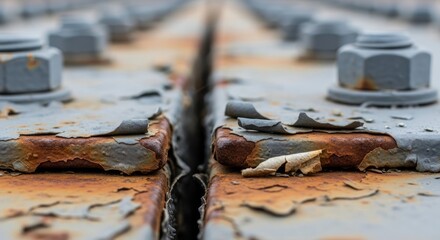 Close-up view of weathered metal bridge joints. Rusty surfaces show peeling paint and aged bolts. Focus is on detail and texture. Light casts shadows revealing the structure's wear