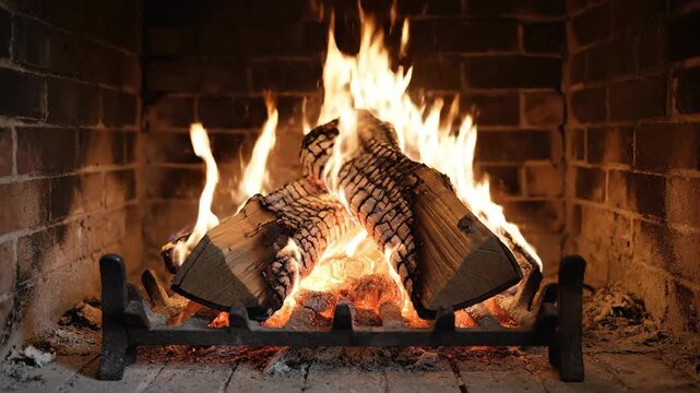 Fireplace Fire, Burning Wood Logs, Cozy Home Interior, Brick Fireplace