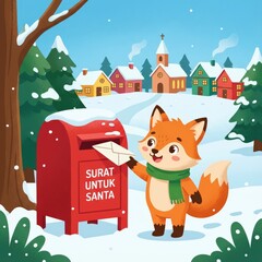Naklejka premium Fox Sending Letter to Santa Claus at Red Mailbox in Snowy Village Winter Landscape Illustration