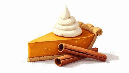 Cartoon Pumpkin Pie Slice with Whipped Cream and Cinnamon Sticks