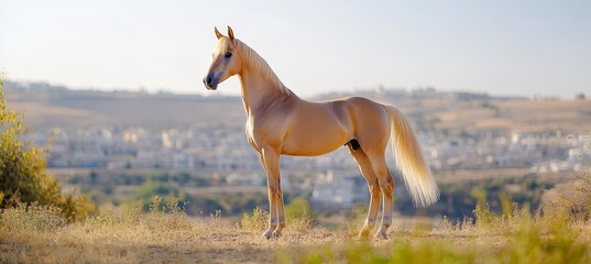 Majestic horse standing gracefully in a tranquil landscape at sunrise, embodying peace and strength.
