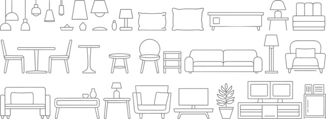 Collection of line art furniture and lighting fixtures for home interiors Keywords: furniture, interior design, home decor, line