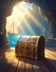 Treasure chest in a cave overlooking the ocean