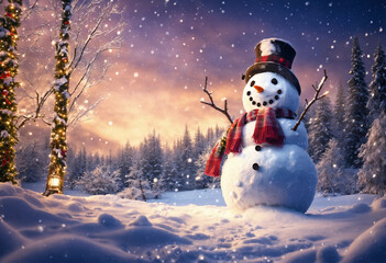 Bonhomme de neige d&eacute;cor&eacute; dans une for&ecirc;t enneig&eacute;e