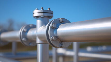 Fototapeta premium Closeup of industrial piping and valves against blue sky background, outdoor manufacturing equipment, facility infrastructure exterior, metallic conduit system, production plant ha