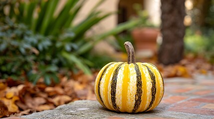 Close-up of a decorative pumpkin with yellow and black stripes, outdoors