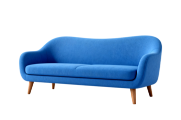 Modern blue sofa with curved design and wooden legs