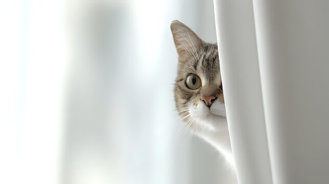 Curious tabby cat peeking from behind white curtain with bright eyes, creating playful hide-and-seek moment in minimalist home setting. - Powered by Adobe