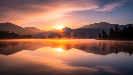 Obraz premium Serene Lake at Dawn with Misty Mountains