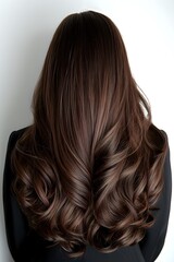 Fototapeta premium Back view of woman with long wavy brown hair showing layered haircut and rich chocolate color tones for salon and beauty styling concepts.