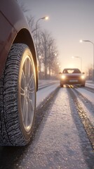 Car tires on a snow-covered road with street lights in the background at dusk