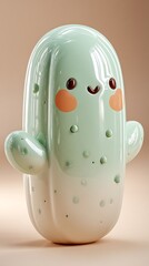 Cartoon cactus figure with smiling face, rosy cheeks, and smooth, glossy, pastel coloring
