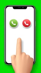 Cartoon hand touching phone screen with call buttons. Green and red accept/decline