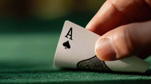 Playing Cards Close-Up of Hand Revealing Ace of Spades on Green Felt