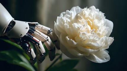 Robotic hand gently touching delicate white peony flower, symbolizing intersection of technology and nature in modern robotics.