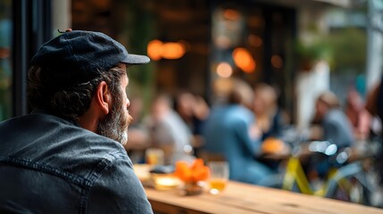 Middle-aged Caucasian man in cap observing busy restaurant scene from behind, warm ambient lighting creates cozy dining atmosphere with blurred patrons.