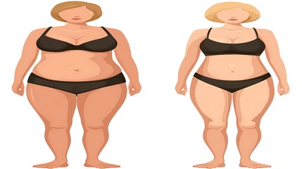 Cartoon illustrations depicting two full-body figures one with a healthy weight, one with excess