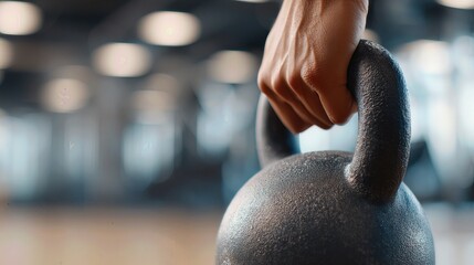 Focused Hand Gripping Kettlebell in Gym Class Environment for Strength