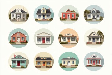 Residential Diversity: A captivating display of diverse house illustrations, showcasing various architectural styles and home designs within circular frames.