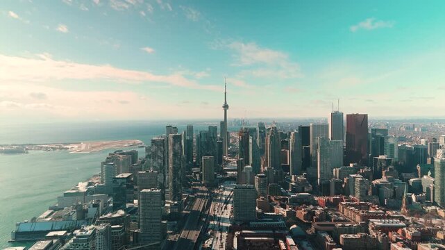 TORONTO, ONTARIO - JANUARY 1, 2025: Winter aerial view of downtown Toronto skyline and rail corridor