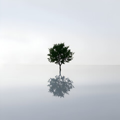 Minimalist Green Tree with Perfect Reflection on Calm Water Surface