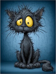 Cartoonish, bewildered black feline with vibrant yellow eyes, against a mottled blue backdrop