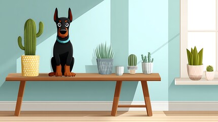 Cartoonish Doberman Pinscher sits among potted plants on a bench near a window