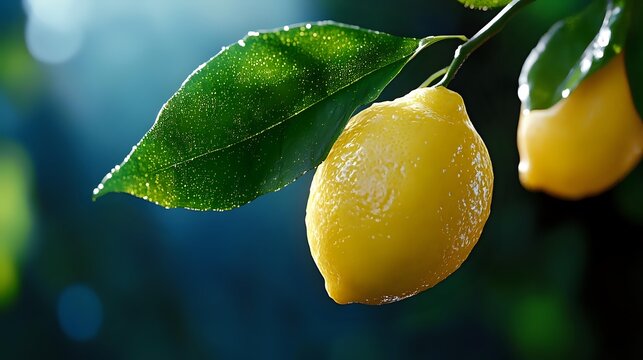 Fresh yellow lemons hanging on tree branch with green leaves and water droplets in natural sunlight for organic citrus fruit harvest concepts. - Powered by Adobe