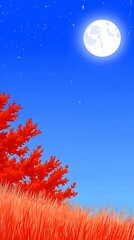 Cartoonish scene depicts a full moon in a starry blue sky over vibrant red plants