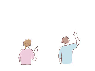 指をさす男性と女性の後ろ姿（介護士、看護師、ヘルパー）