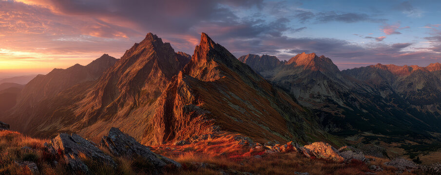 Sunrise mountain panorama alpine ridge dramatic sky golden light rocky peak - Powered by Adobe