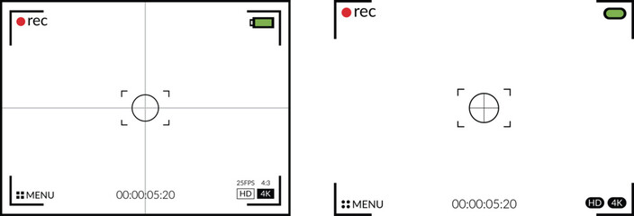Video camera viewfinder . Camera display full hd format. Video filming screen vector template. Professional camera viewfinder overlay graphics set. Grid, REC status, focus, and video quality icons.