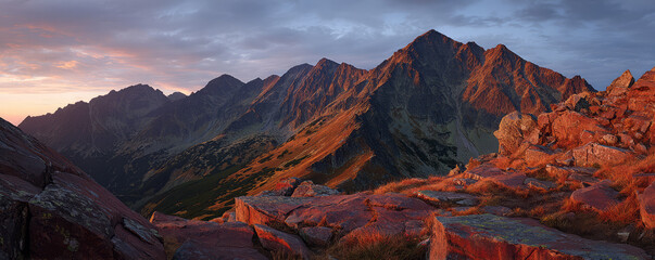 Sunrise mountain ridge alpine landscape rocky peak golden light dramatic sky