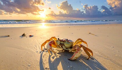 Crab at sunrise on sandy beach, ocean waves visible in distance under dramatic cloudy sky, sunlight reflecting