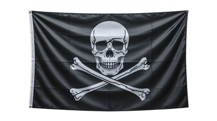 Vintage jolly roger pirate flag: classic black background with detailed skull and crossbones symbol, perfect for nautical or thematic decor