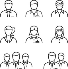 Line art icons of business people and groups on a white background vector illustration