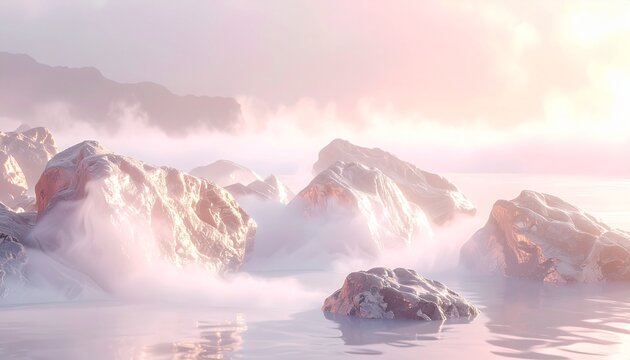Rocks stand in water with mist and light during early morning hours at a coastal location - Powered by Adobe