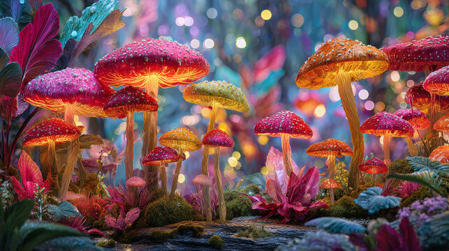 An enchanting mushroom forest with glowing caps, creating a surreal and magical atmosphere