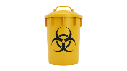 Biohazard waste container: yellow plastic barrel with hazard symbol on clean white background