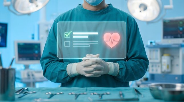 Surgeon in operating room with digital health interface, medical checkup and heart monitoring display. - Powered by Adobe