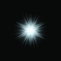 Bright White Starburst Light Effect with Sparkling Rays on Black Background vector