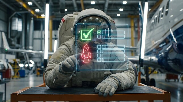 Astronaut completing a pre-flight checklist in an aircraft hangar, space exploration concept.