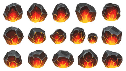 A set of stylized dark grey volcanic rocks with jagged cracks revealing glowing cores of intense yellow and orange molten lava © Skyframe